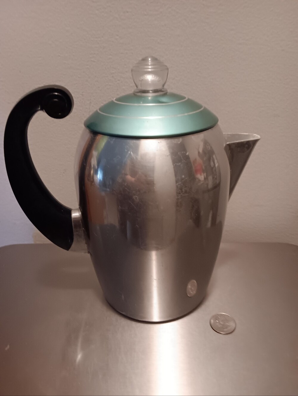 Complete Wear-Ever Hallite stovetop coffee percolator #2328 Turquoise Lid  As Is